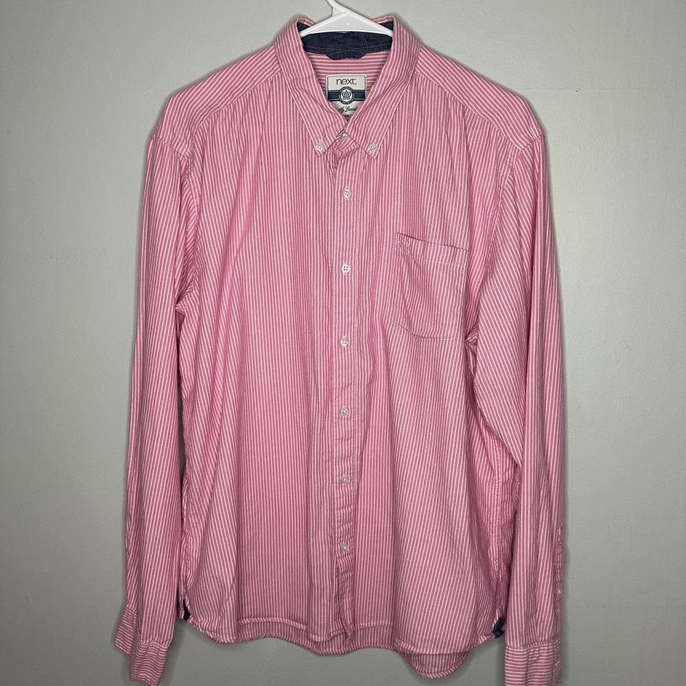 Next Men's Pink Long Sleeved Striped Button Down 100% Cotton Shirt Size 17 (I28)